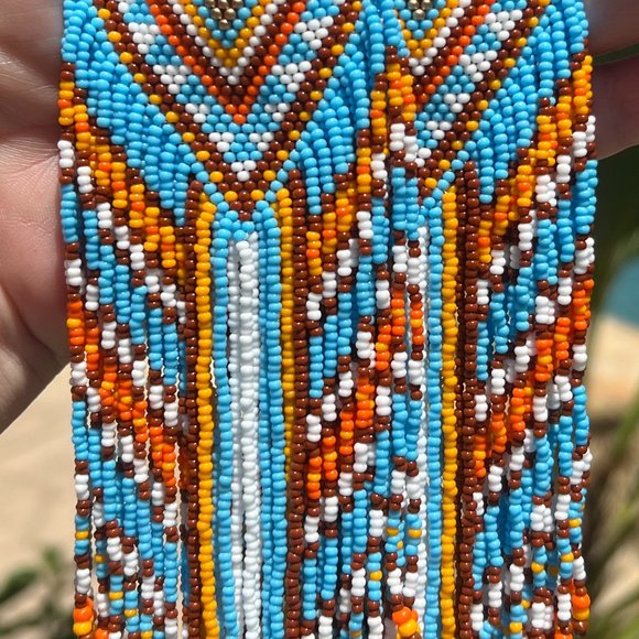 Native American Style Earrings Handmade Beaded Long Fringe Southwest Dangles - Picture 6 of 9